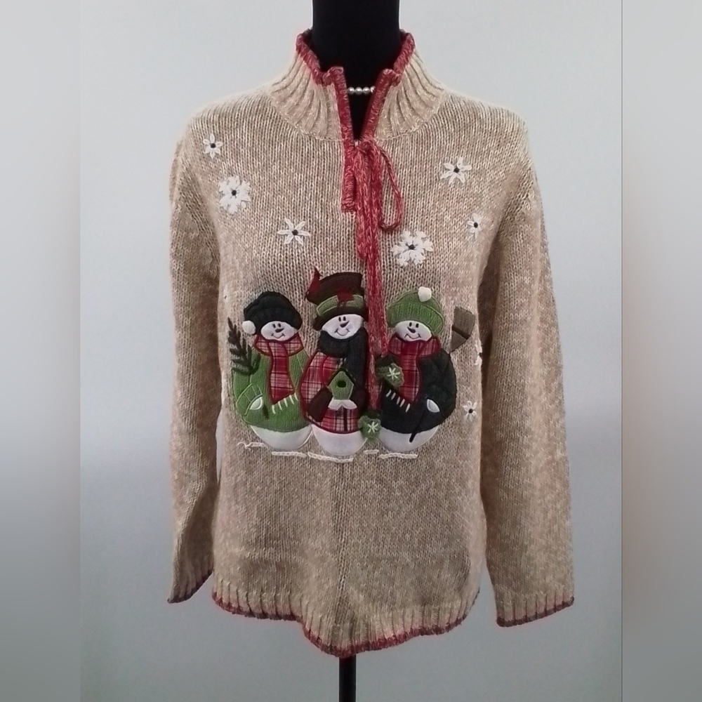 Timberlea Cream SNOWMAN With MITTENS 1/4 Zip Up Christmas Holiday Sweater Sz LG